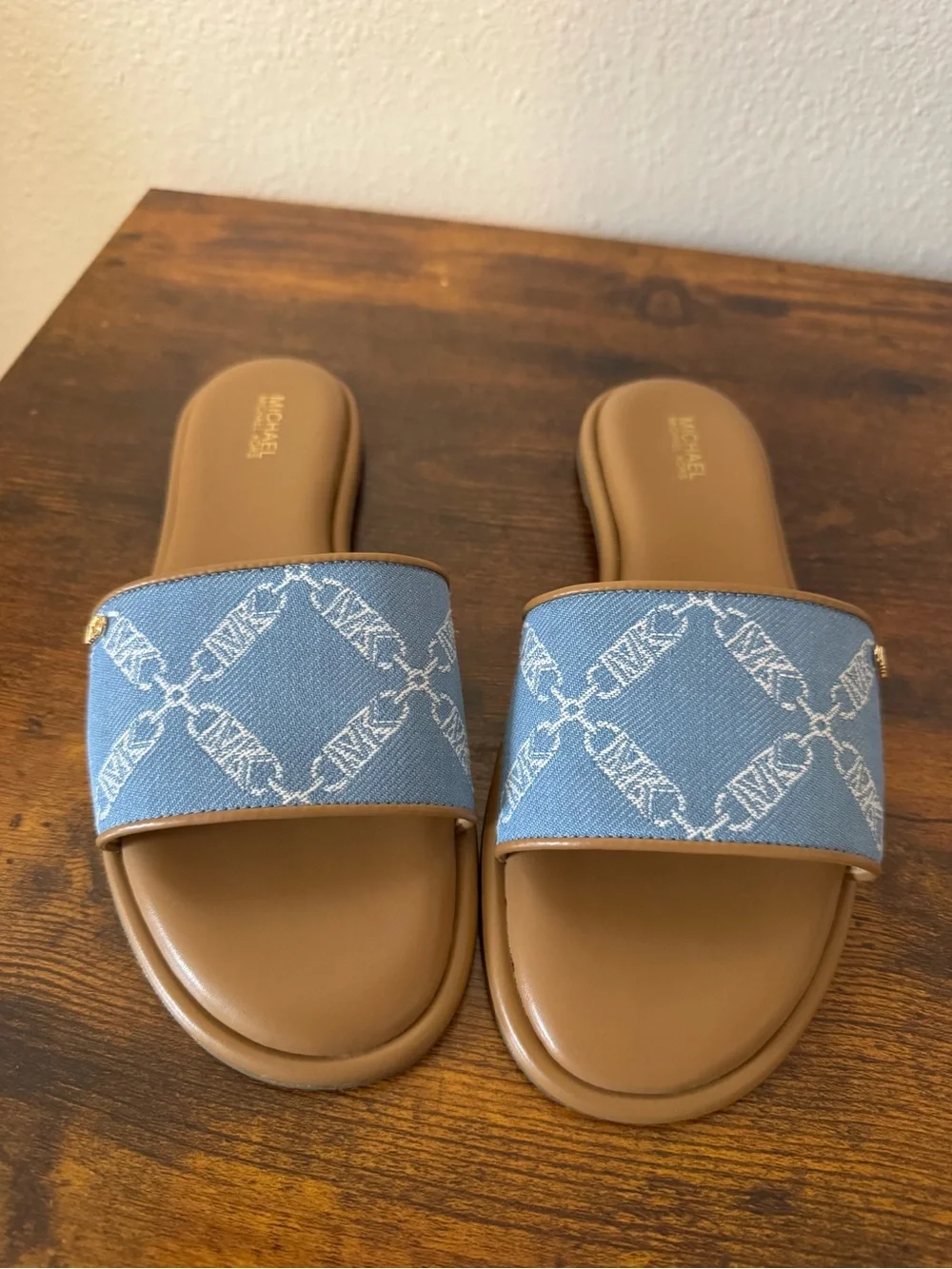 Michael Kors Blue Denim Logo Slide Sandals Size 7